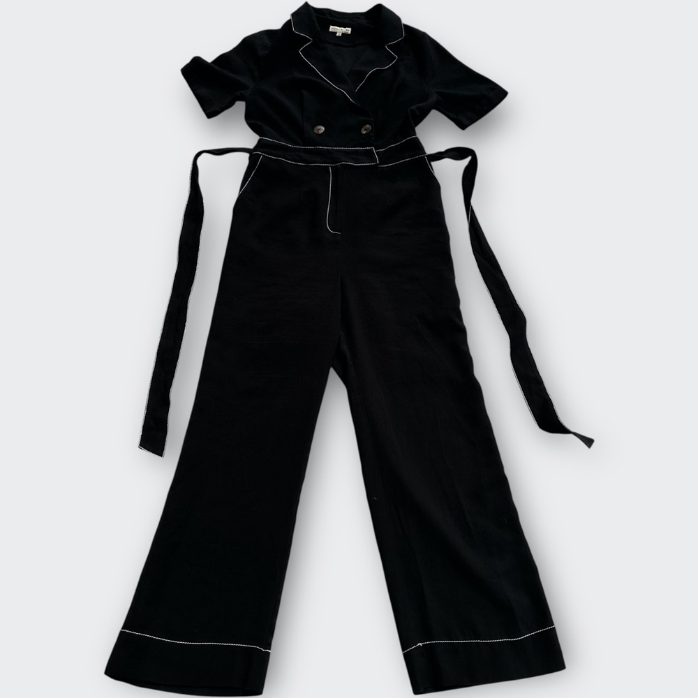 Moon River Black Contrast Stitch Wide Leg Double Breasted Jumpsuit Women Size M
